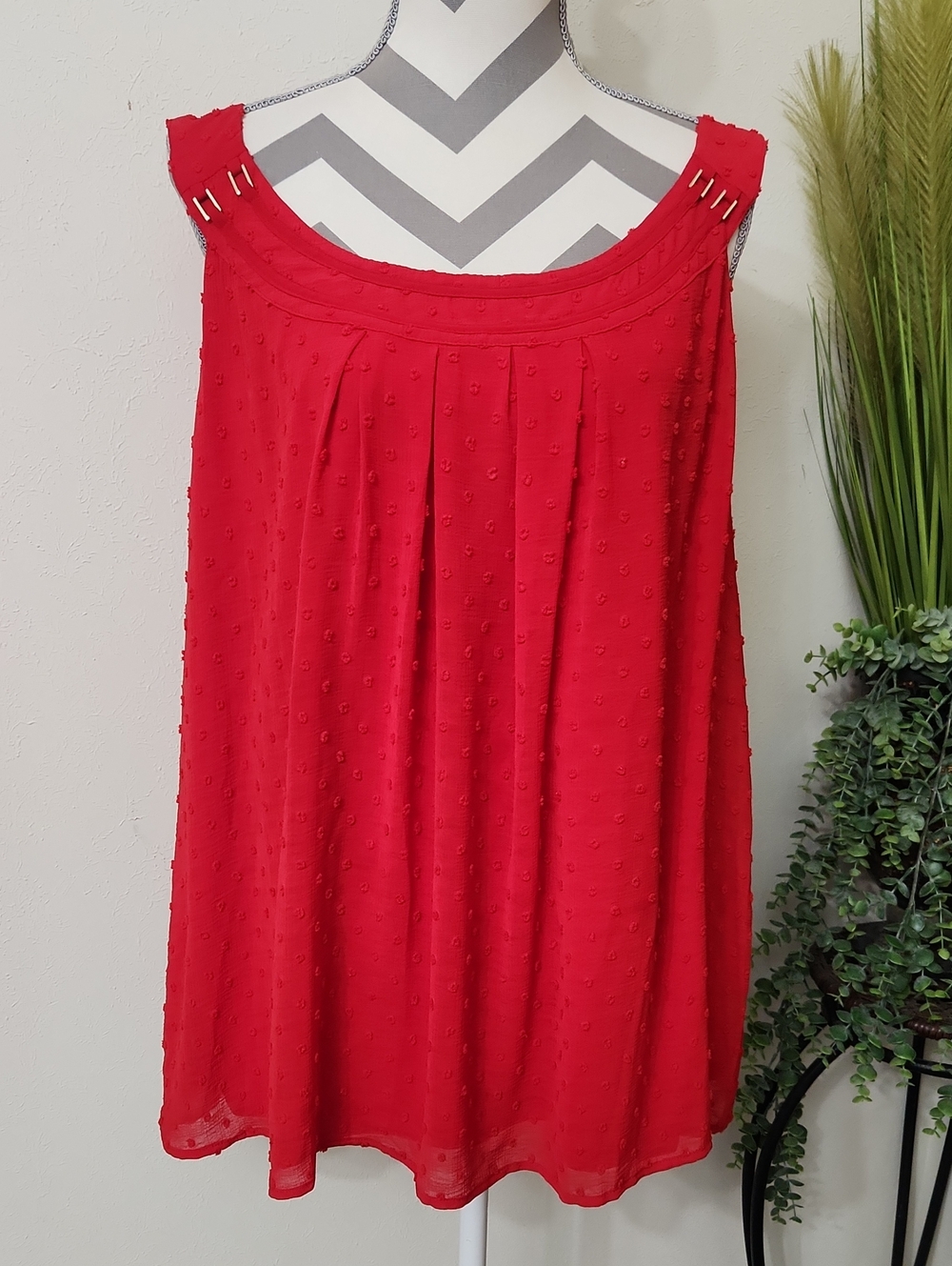 Roz & Ali Sleeveless Red Swiss Dot Blouse Top